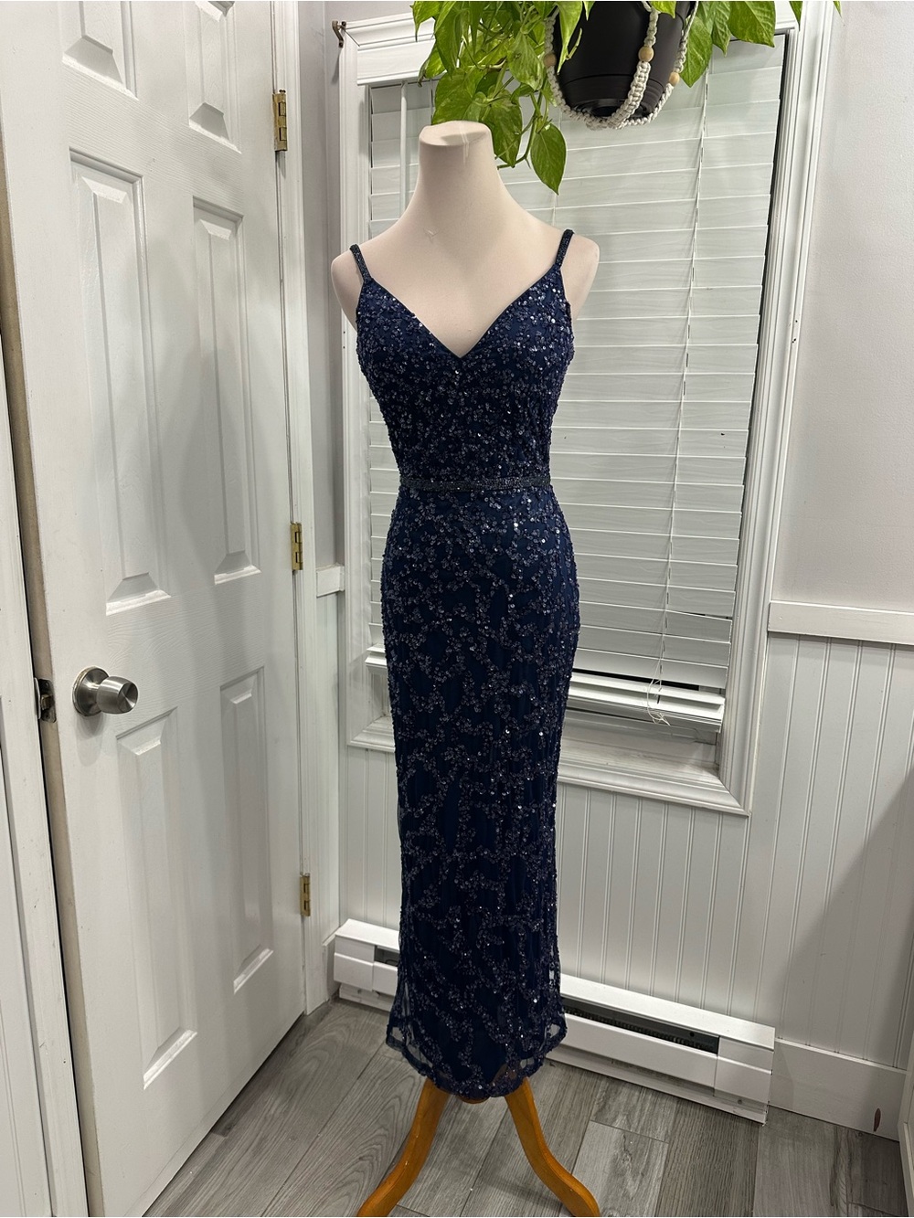 Mac Duggal Navy Beaded Spaghetti-Strap Evening Dress